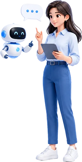 手持平板的女生與 AI Agent 機器人一起工作